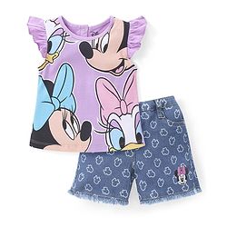Babyhug Disney Cotton Knit Frill Sleeves Top & Denim Shorts Set With Minnie Mouse Graphic - Purple