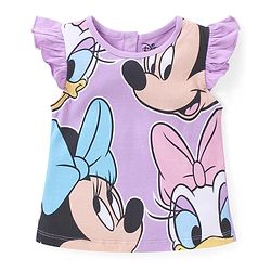 Babyhug Disney Cotton Knit Frill Sleeves Top & Denim Shorts Set With Minnie Mouse Graphic - Purple