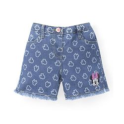 Babyhug Disney Cotton Knit Frill Sleeves Top & Denim Shorts Set With Minnie Mouse Graphic - Purple