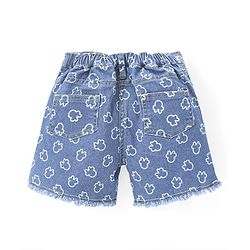 Babyhug Disney Cotton Knit Frill Sleeves Top & Denim Shorts Set With Minnie Mouse Graphic - Purple