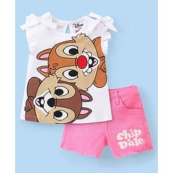 Babyhug Disney Single Jersey Knit Half Sleeves Top &  Shorts Set with Chip n Dale Print - White & Pink