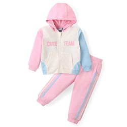 Babyhug Cotton Terry Knit Premium Light Gauge Terry Full Sleeves Hooded T-Shirt & Lounge Pants Set With Text Print - White & Pink