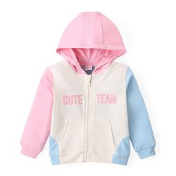 Babyhug Cotton Terry Knit Premium Light Gauge Terry Full Sleeves Hooded T-Shirt & Lounge Pants Set With Text Print - White & Pink