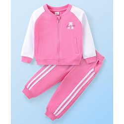 Babyhug Cotton Terry Knit Full Sleeves Jacket & Lounge Pants Set With Text Print - Pink & White