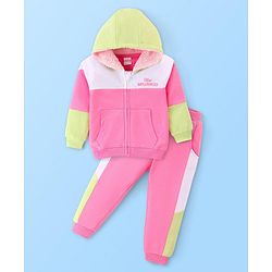 Babyhug Cotton Terry Knit Full Sleeves Hooded T-Shirt & Lounge Pants Set With Text Print - Pink & White