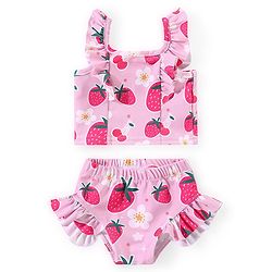 Babyhug Water Repellant Sleeveless Two Piece Swimsuit with Frill Detailing Strawberry Print - Pink