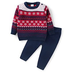 Babyhug Knit Full Sleeves Sweater & Pant Set Floral Design - Red & Navy Blue