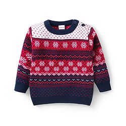 Babyhug Knit Full Sleeves Sweater & Pant Set Floral Design - Red & Navy Blue