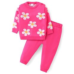 Babyhug Knit Full Sleeves Sweater Set  with Floral Design - Pink