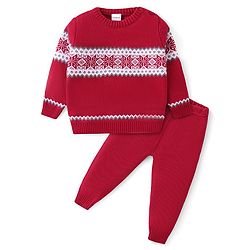 Babyhug Knitted Full Sleeves Sweater Set with Floral Design - Red