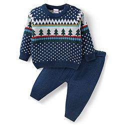 Babyhug Knitted Full Sleeves Pullover Sweater & Pant Set with Christmas Theme Design  - Navy Blue