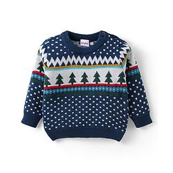 Babyhug Knitted Full Sleeves Pullover Sweater & Pant Set with Christmas Theme Design  - Navy Blue