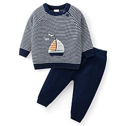 Babyhug Knit Full Sleeves Striped Sweater Set with Boat Design - Navy Blue