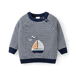 Babyhug Knit Full Sleeves Striped Sweater Set with Boat Design - Navy Blue