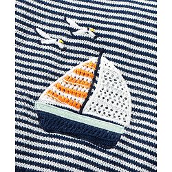 Babyhug Knit Full Sleeves Striped Sweater Set with Boat Design - Navy Blue