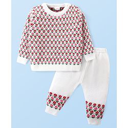 Babyhug Knitted Full Sleeves Pullover Sweater Set with Floral Design - Pink