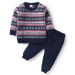 Babyhug Knit Full Sleeves Pullover Sweater & Pant Set Intarsia Design - Navy Blue
