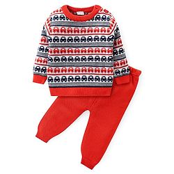 Babyhug Knitted Full Sleeves Pullover Sweater Set with Cars Design - Red
