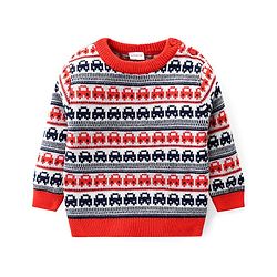 Babyhug Knitted Full Sleeves Pullover Sweater Set with Cars Design - Red