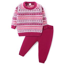 Babyhug Knitted Full Sleeves Pullover Sweater Set with Aztec Design - Pink