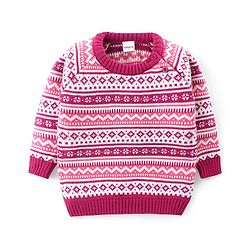 Babyhug Knitted Full Sleeves Pullover Sweater Set with Aztec Design - Pink