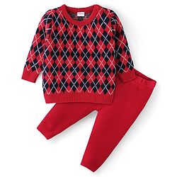 Babyhug Knit Full Sleeves Pullover Sweater & Pant Set  Argyle Design - Red