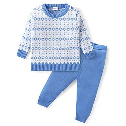 Babyhug Knitted Full Sleeves Pullover Sweater & Pant Set with Aztec Design - Blue