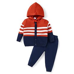 Babyhug Knitted Full Sleeves Front Open Hooded Sweater Set With Stripes - Orange White & Navy Blue