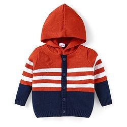 Babyhug Knitted Full Sleeves Front Open Hooded Sweater Set With Stripes - Orange White & Navy Blue