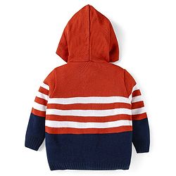 Babyhug Knitted Full Sleeves Front Open Hooded Sweater Set With Stripes - Orange White & Navy Blue