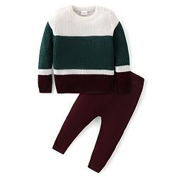 Babyhug Knitted Full Sleeves Pullover Sweater Set with Colour Block Design - Green White &  Maroon