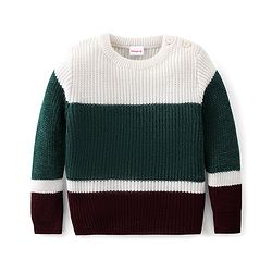 Babyhug Knitted Full Sleeves Pullover Sweater Set with Colour Block Design - Green White &  Maroon