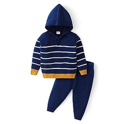 Babyhug Knitted Full Sleeves Striped Hooded Sweater Set - Navy Blue White & Yellow