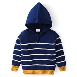 Babyhug Knitted Full Sleeves Striped Hooded Sweater Set - Navy Blue White & Yellow
