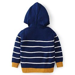 Babyhug Knitted Full Sleeves Striped Hooded Sweater Set - Navy Blue White & Yellow