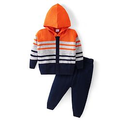 Babyhug Knitted Full Sleeves Striped Hooded Front Open Sweater Set - Navy Blue Grey & Orange