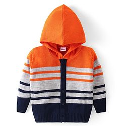 Babyhug Knitted Full Sleeves Striped Hooded Front Open Sweater Set - Navy Blue Grey & Orange