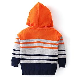 Babyhug Knitted Full Sleeves Striped Hooded Front Open Sweater Set - Navy Blue Grey & Orange