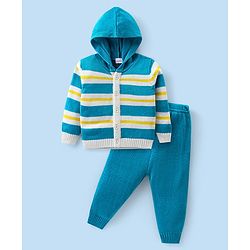 Babyhug Knitted Full Sleeves Striped Hooded Sweater Set - Blue & Yellow