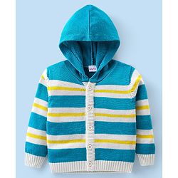 Babyhug Knitted Full Sleeves Striped Hooded Sweater Set - Blue & Yellow