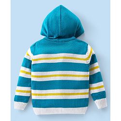 Babyhug Knitted Full Sleeves Striped Hooded Sweater Set - Blue & Yellow