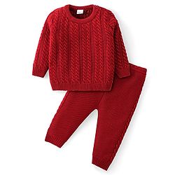 Babyhug Knit Full Sleeves Sweater Set with Cable Knit Design - Rust