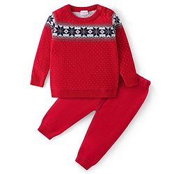 Babyhug Knitted Full Sleeves Sweater Set with Floral Design - Red