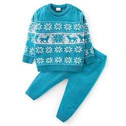 Babyhug Knit Full Sleeves Sweater Set with Aztec & Reindeer Design - Blue