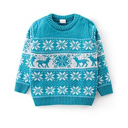 Babyhug Knit Full Sleeves Sweater Set with Aztec & Reindeer Design - Blue