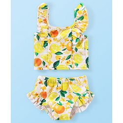 Babyhug Water Repellant Sleeveless Two Piece Swimsuit with Frill Detailing Fruits Print - Yellow