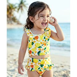 Babyhug Water Repellant Sleeveless Two Piece Swimsuit with Frill Detailing Fruits Print - Yellow