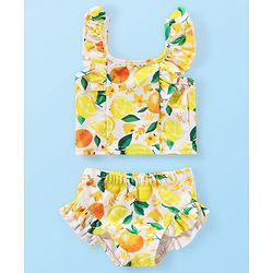 Babyhug Water Repellant Sleeveless Two Piece Swimsuit with Frill Detailing Fruits Print - Yellow