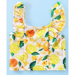 Babyhug Water Repellant Sleeveless Two Piece Swimsuit with Frill Detailing Fruits Print - Yellow