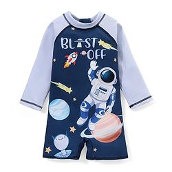 Babyhug Water Repellant Full Sleeves Legged Swimsuit Space Theme - Navy Blue